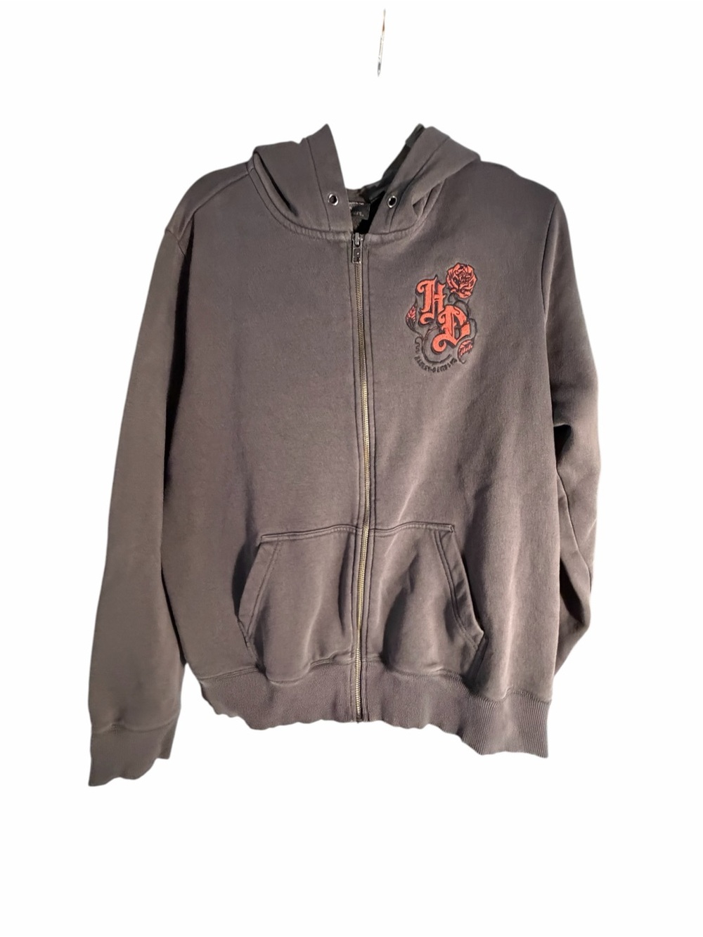 Harley Davidson Full Zip-Up Hoodie with Red Rose Emblem - Gray Sz 2XL